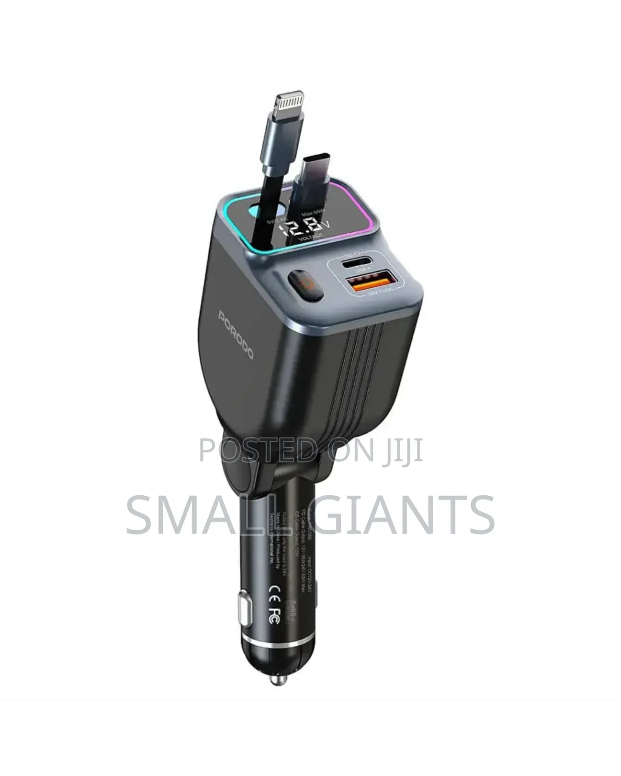 Porodo 65w Car Charger Dual Retractable Cable - Black