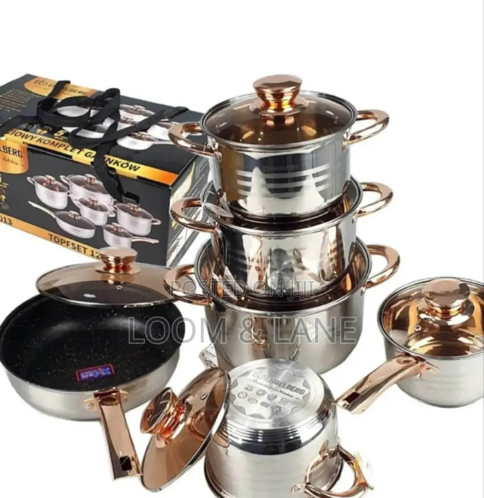 12-Piece Stainless Steel Cookware Set With Gold-Accented Glass Lids