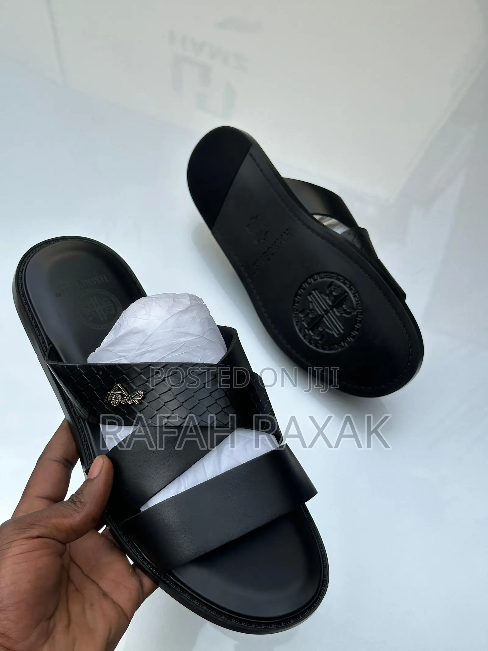 Men’S Super Classic Black Hermes Leather Sandals