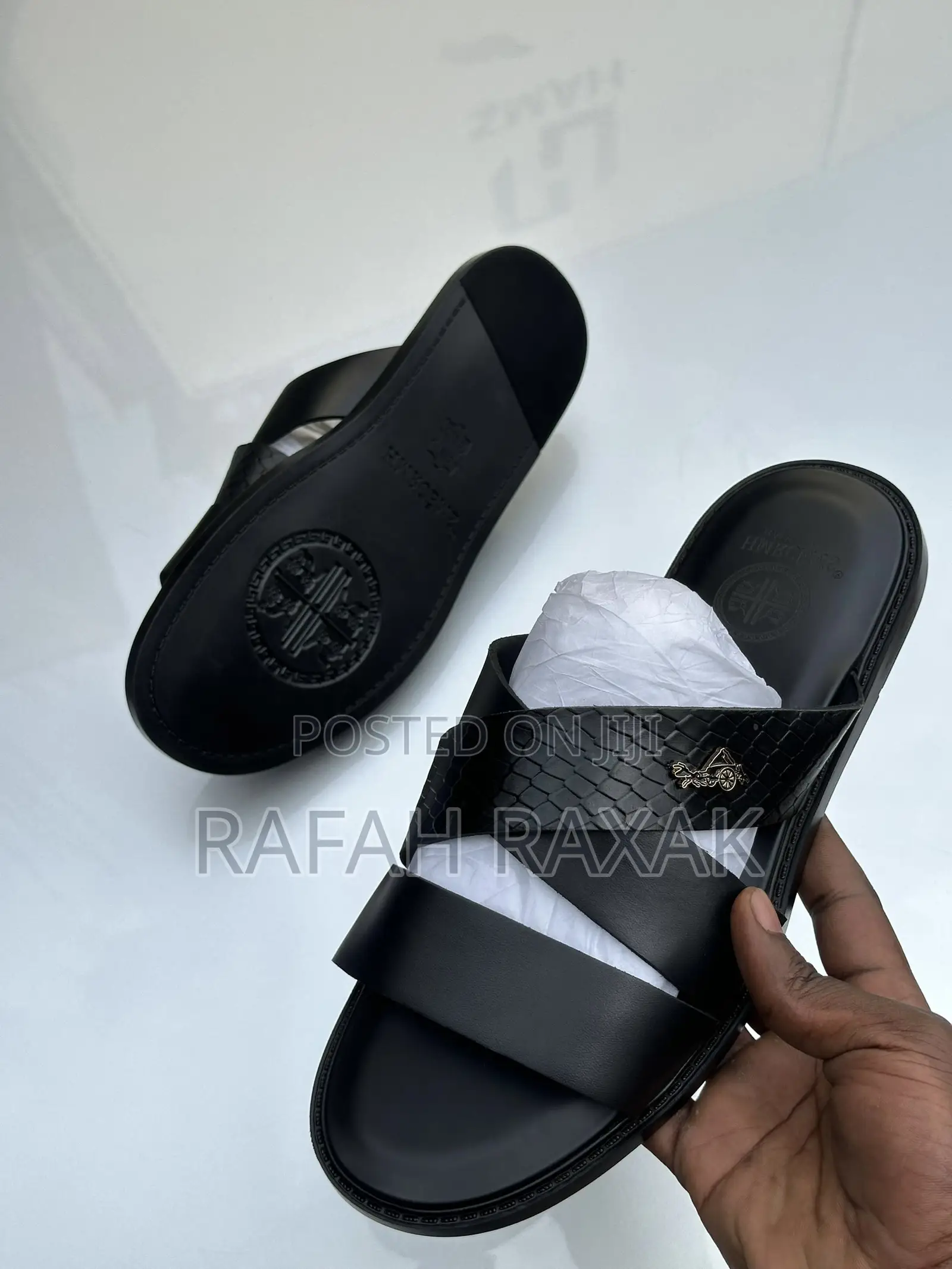 Men’S Super Classic Black Hermes Leather Sandals