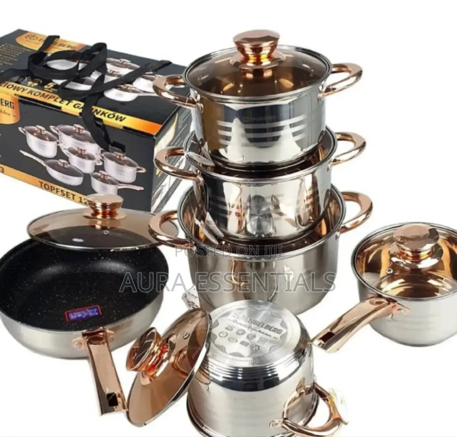 12-Piece Stainless Steel Cookware Set With Gold-Accented Glass Lids.