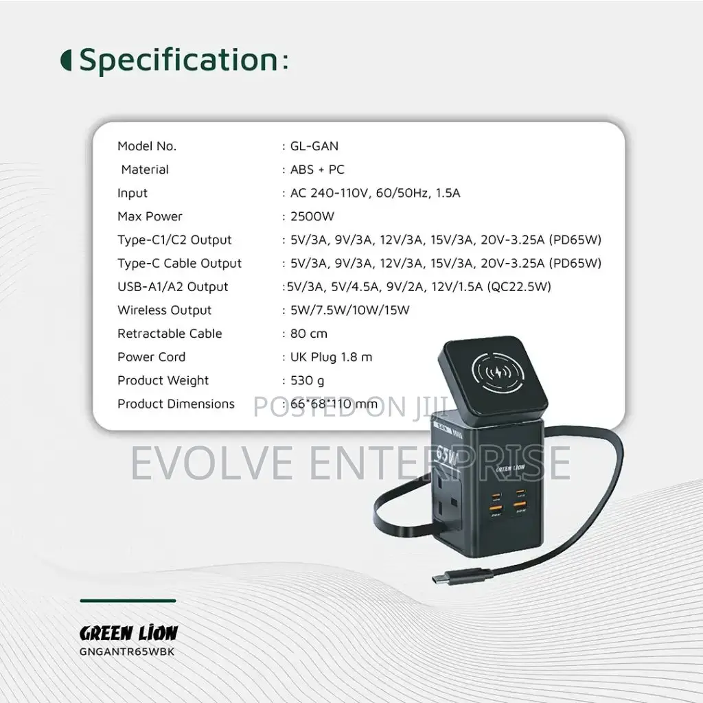 Green Lion Gan 65w Multi Port Travel Adapter - Black