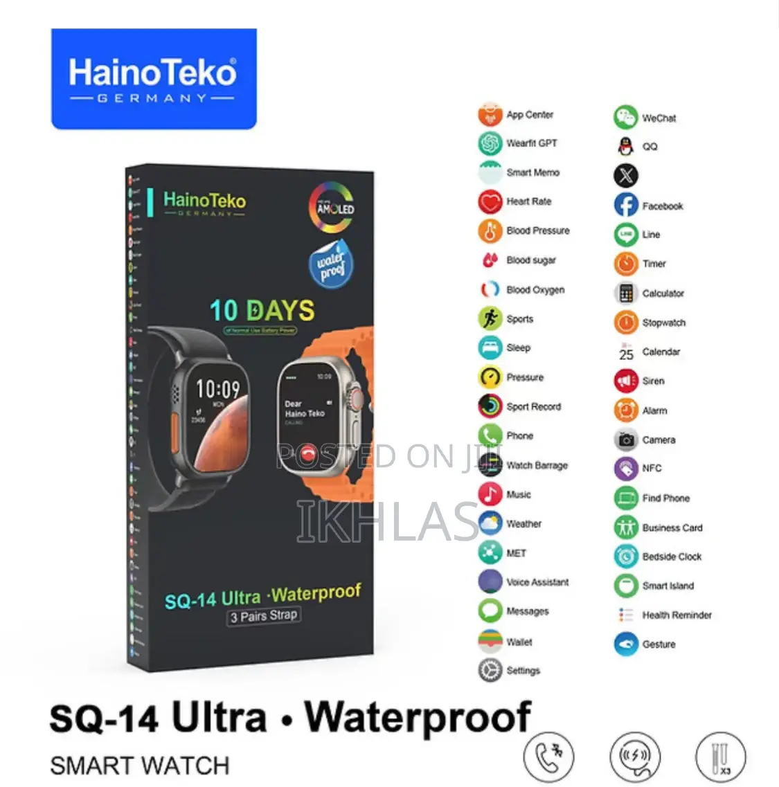 Hainoteko Sq-14 Waterproof Smartwatch With Amoled Display 3pair Straps