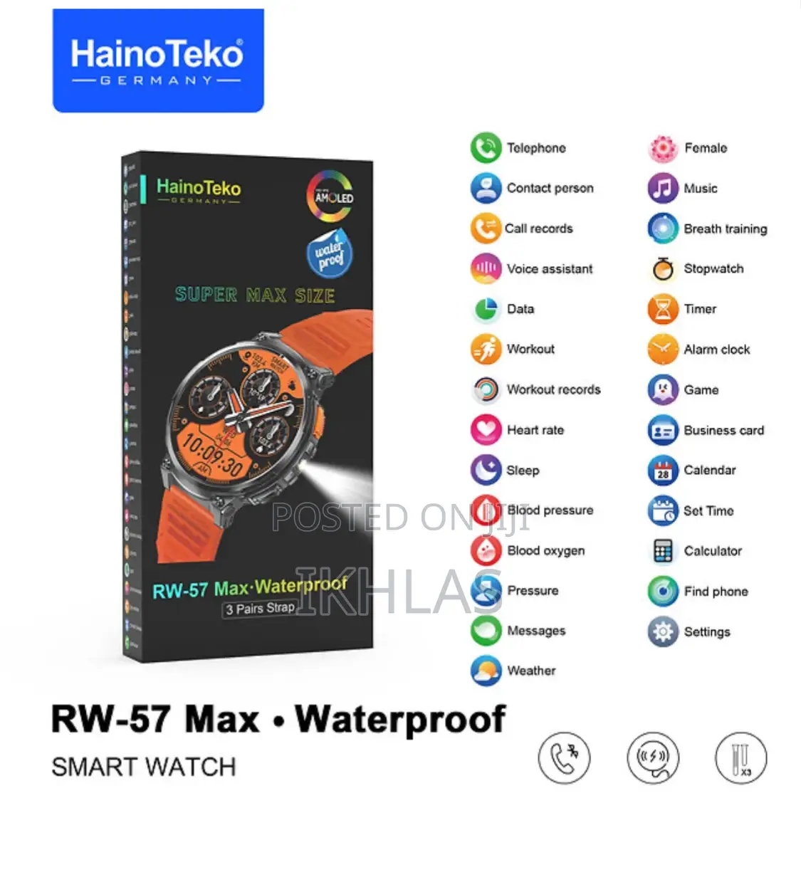 Hainoteko Rw-57max Waterproof Smartwatch With Amoled Screen and Torch