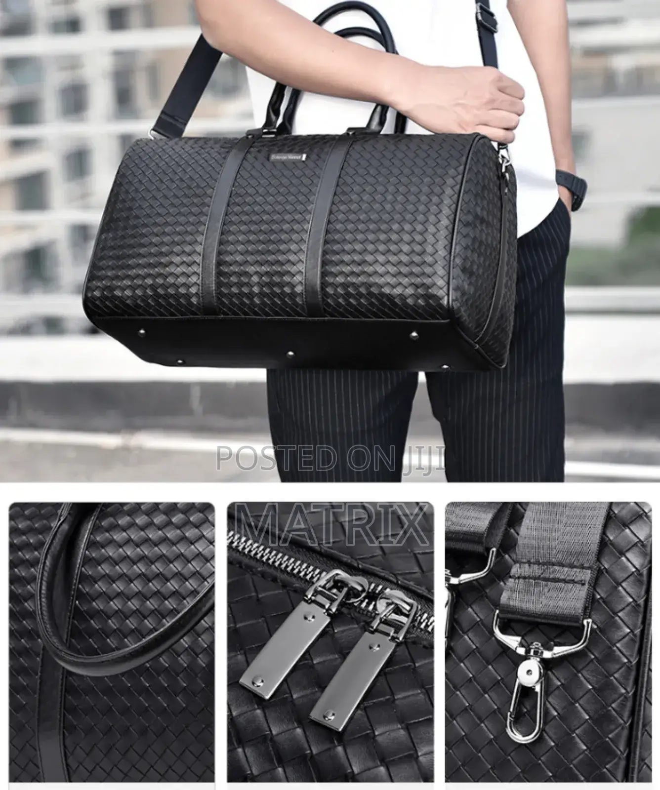 Fashion Men Black Leather New Travel Bag Overnight Duffle Handbag