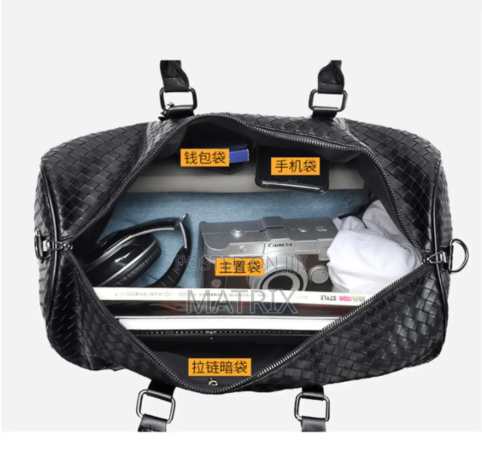 Fashion Men Black Leather New Travel Bag Overnight Duffle Handbag