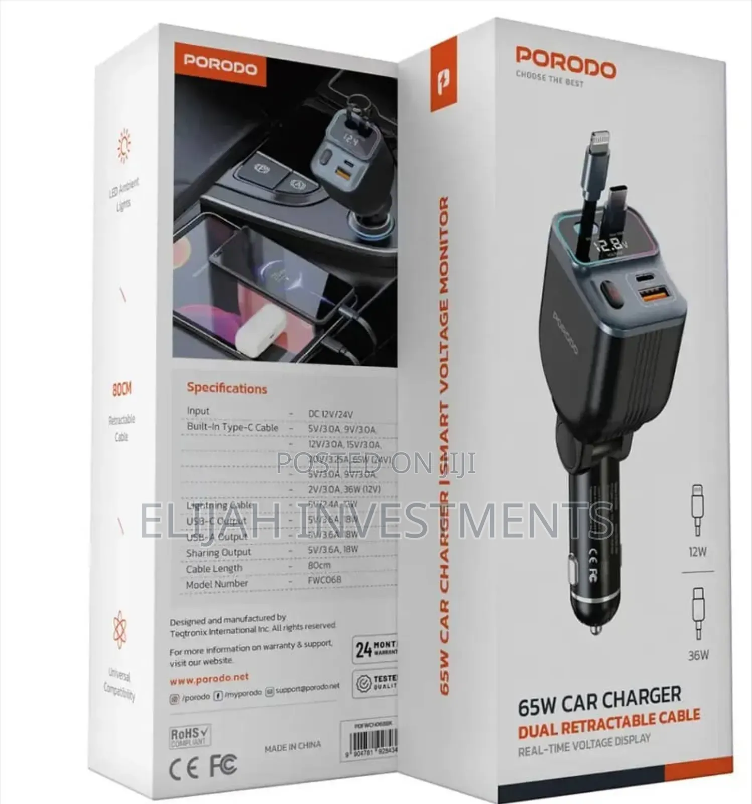 Porodo 65w Car Charger Dual Retractable Cable - Black