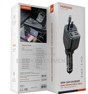 Porodo 65w Car Charger Dual Retractable Cable - Black