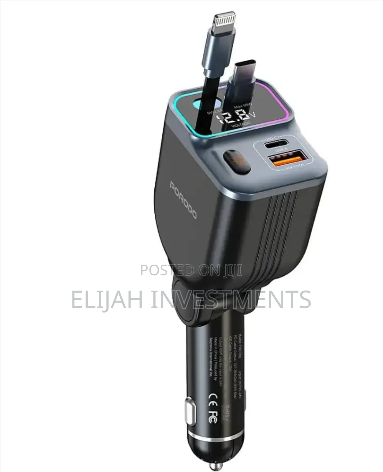 Porodo 65w Car Charger Dual Retractable Cable - Black