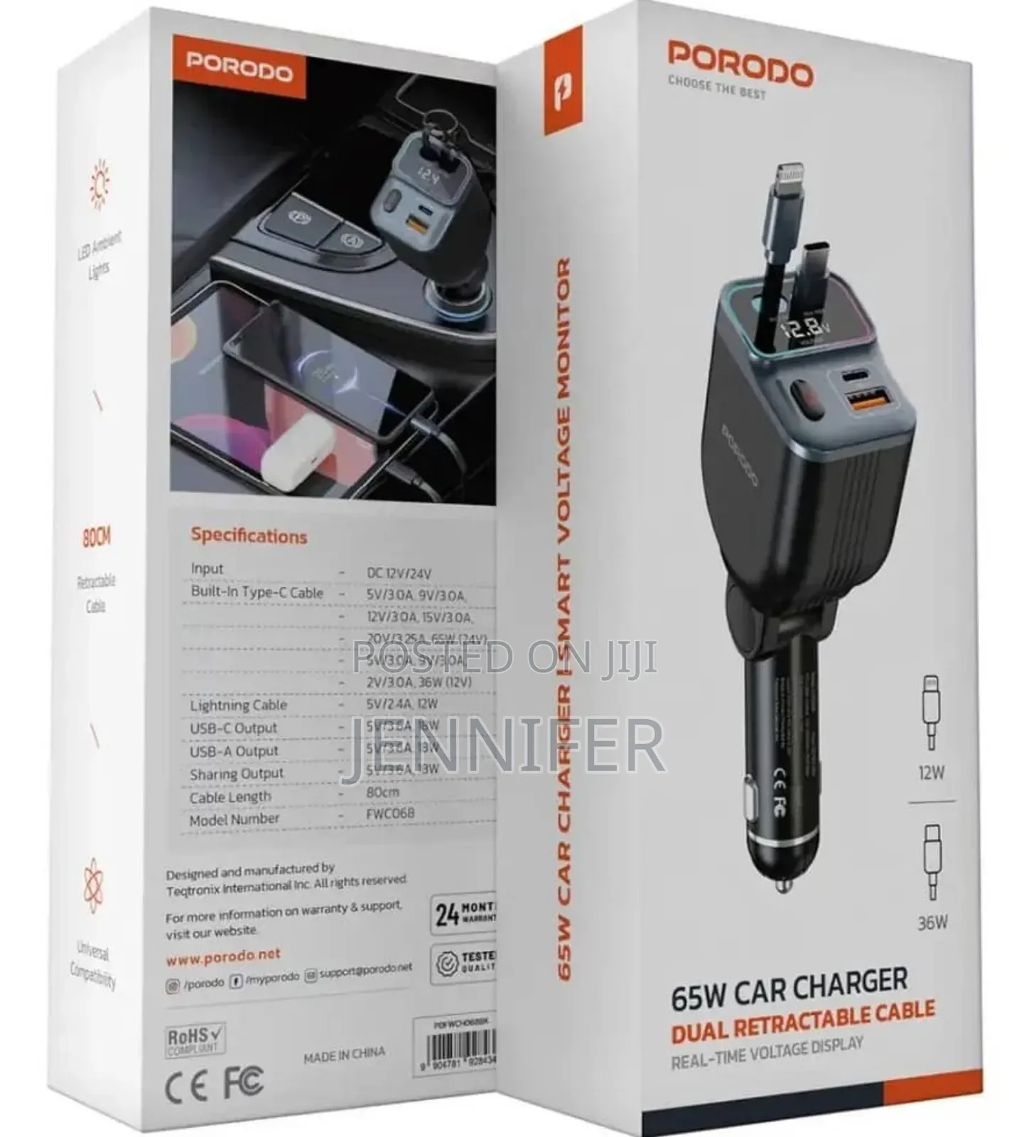 Porodo 65w Car Charger Dual Retractable Cable - Black