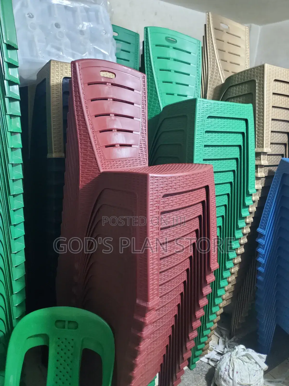 Maroon*Blue Green Plastic Chairs Armless