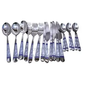 24 Piece Blue Flower Dinner Cutlery (Forks, Spoons Knives) – Silver