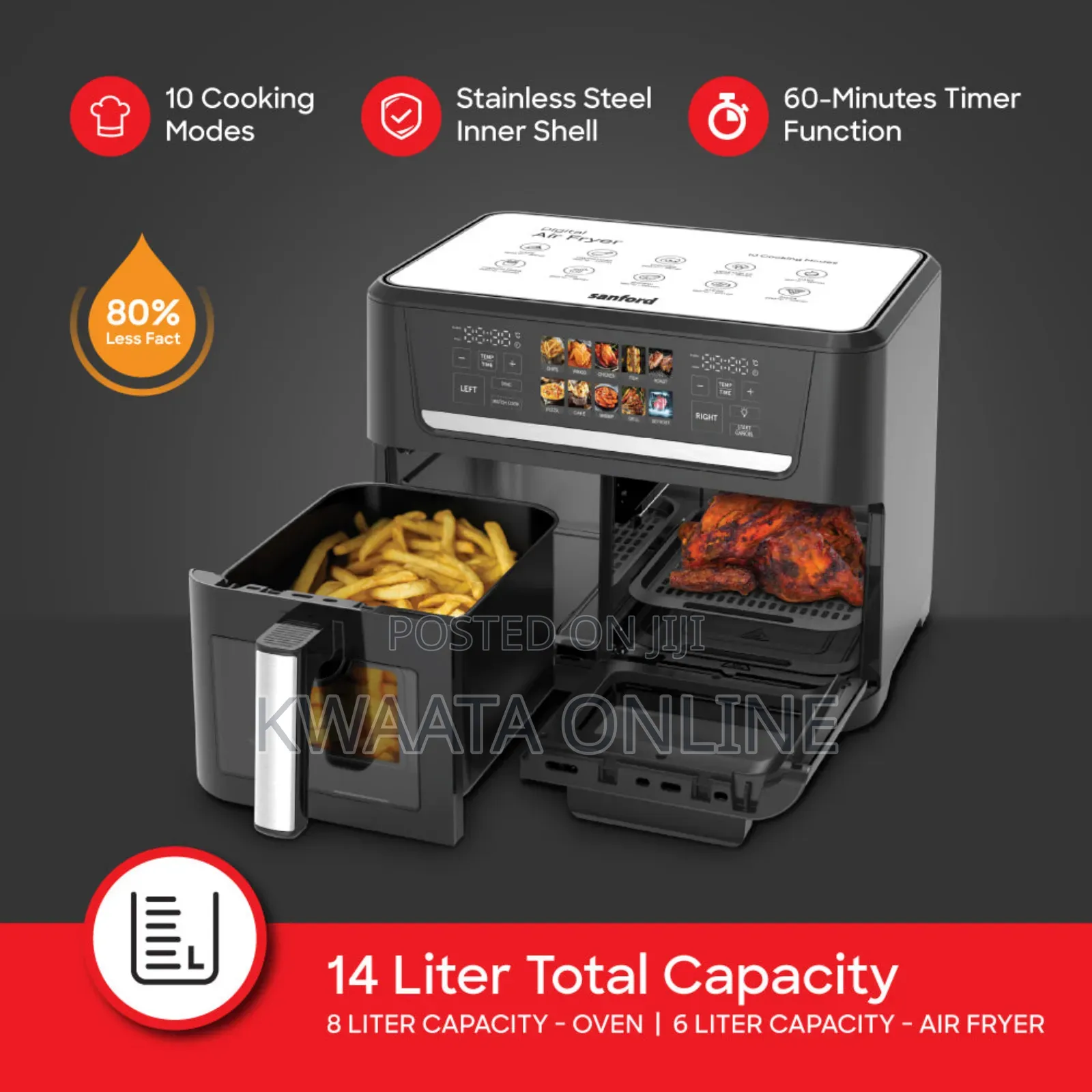 14l Sanford 2-in-1 Air Fryer Oven, 10 Presets Dual Led Touch Control