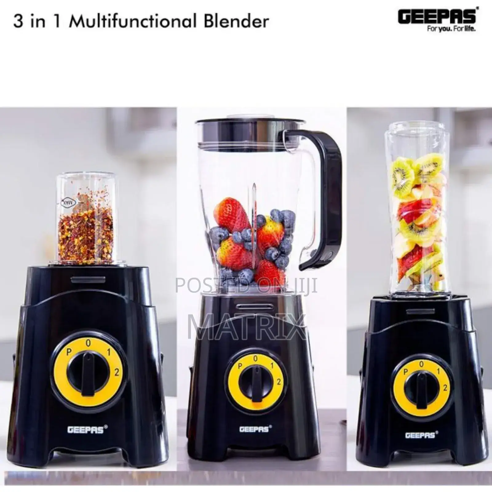 Geepas 3-in-1 Super Blender 2 Speed and Pulse Function 1.5l 500ml