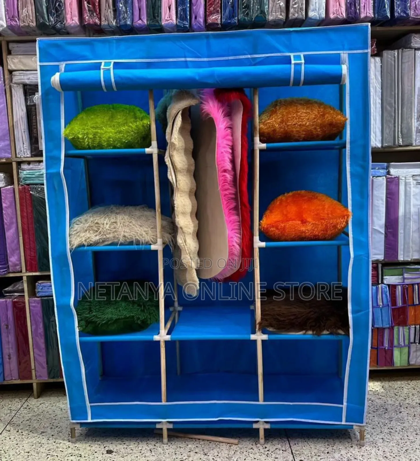 3 Columns Wooden Frame Portable Wardrobe