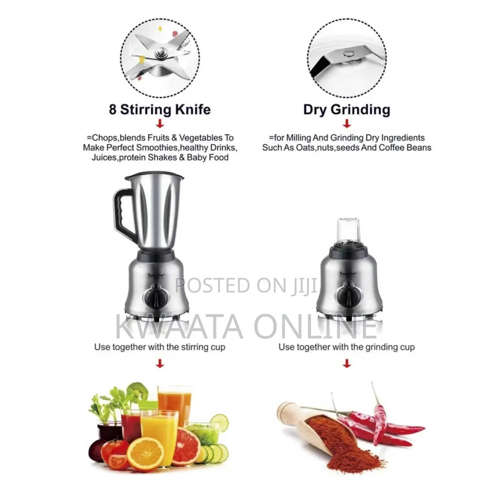 1.5l Sonifer Sf-8031 Blender 2 in 1 With Grinder, Stainless Steel