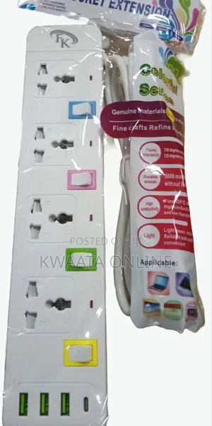 Fk 6-Way Socket Power Extension Cable With 3 Usb Charging Ports