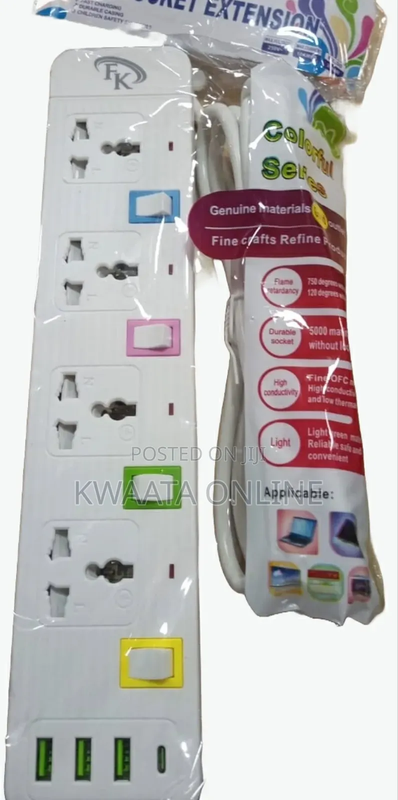 Fk 6-Way Socket Power Extension Cable With 3 Usb Charging Ports