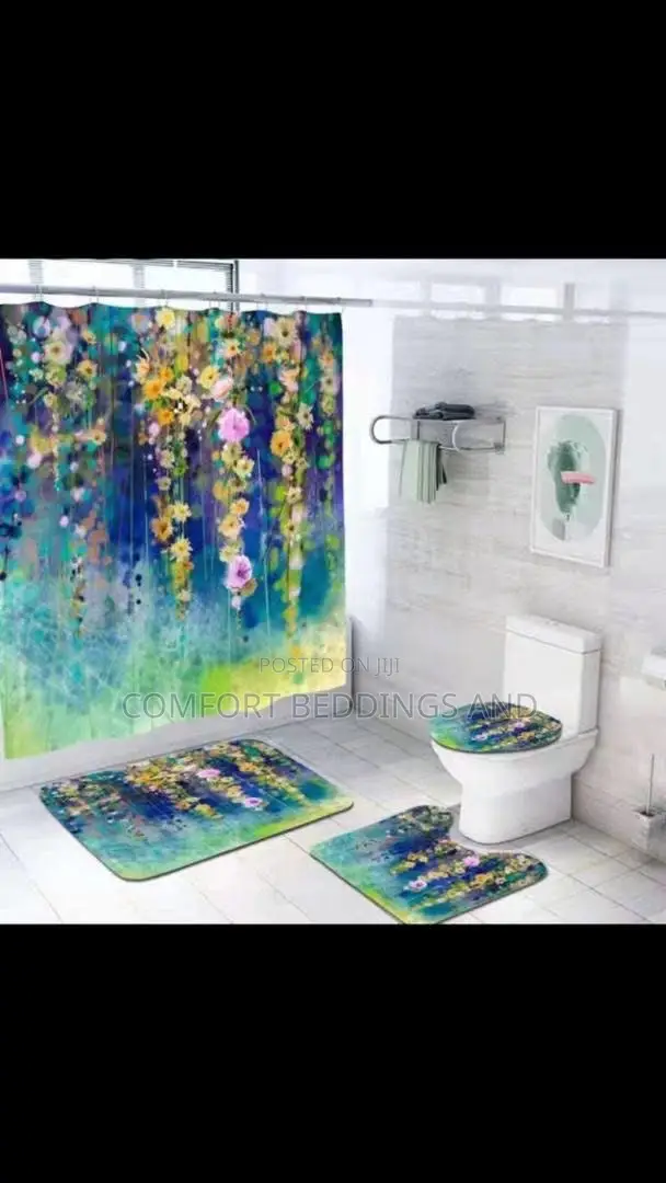 Toilet Mat Set With Shower Curtain Blue