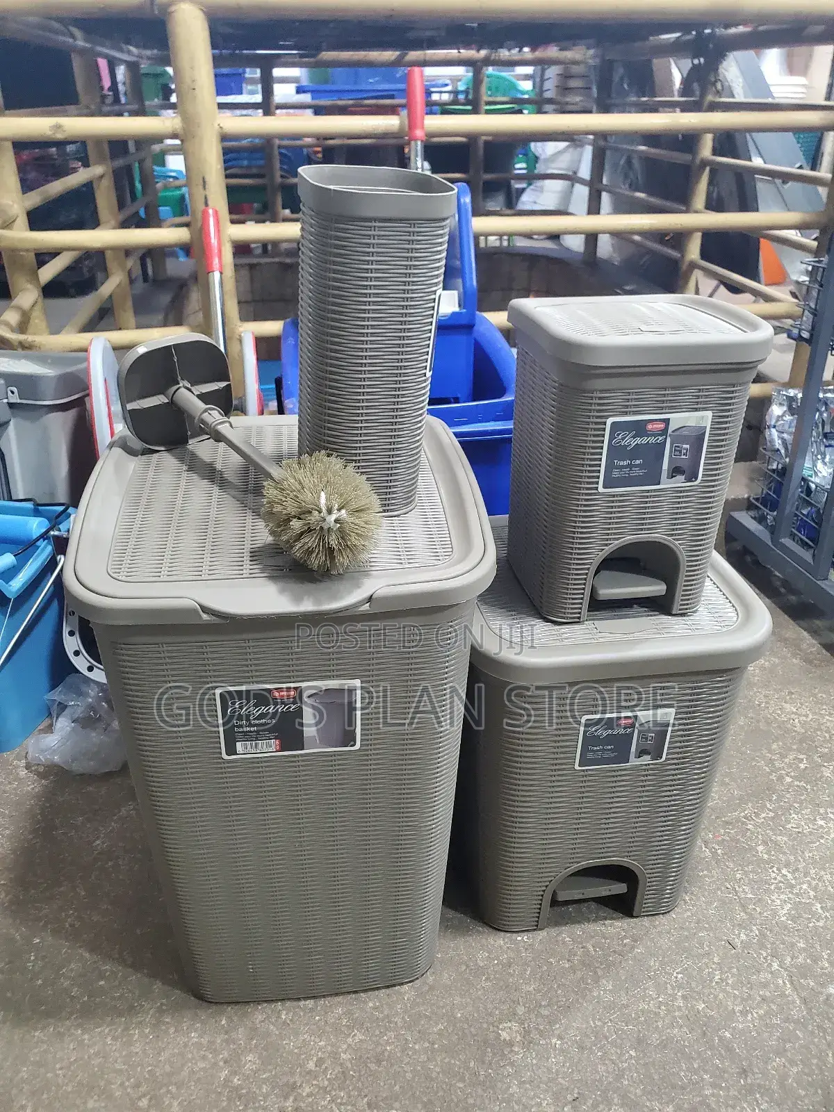2 Plastic Dust Bins, Loundary Baskets and Toilet Brush Set