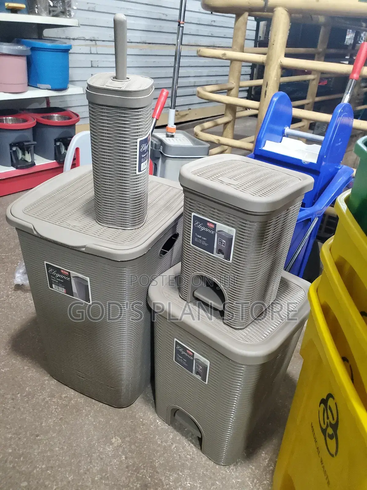 2 Plastic Dust Bins and Loundary Basket /Toilet Brush Set