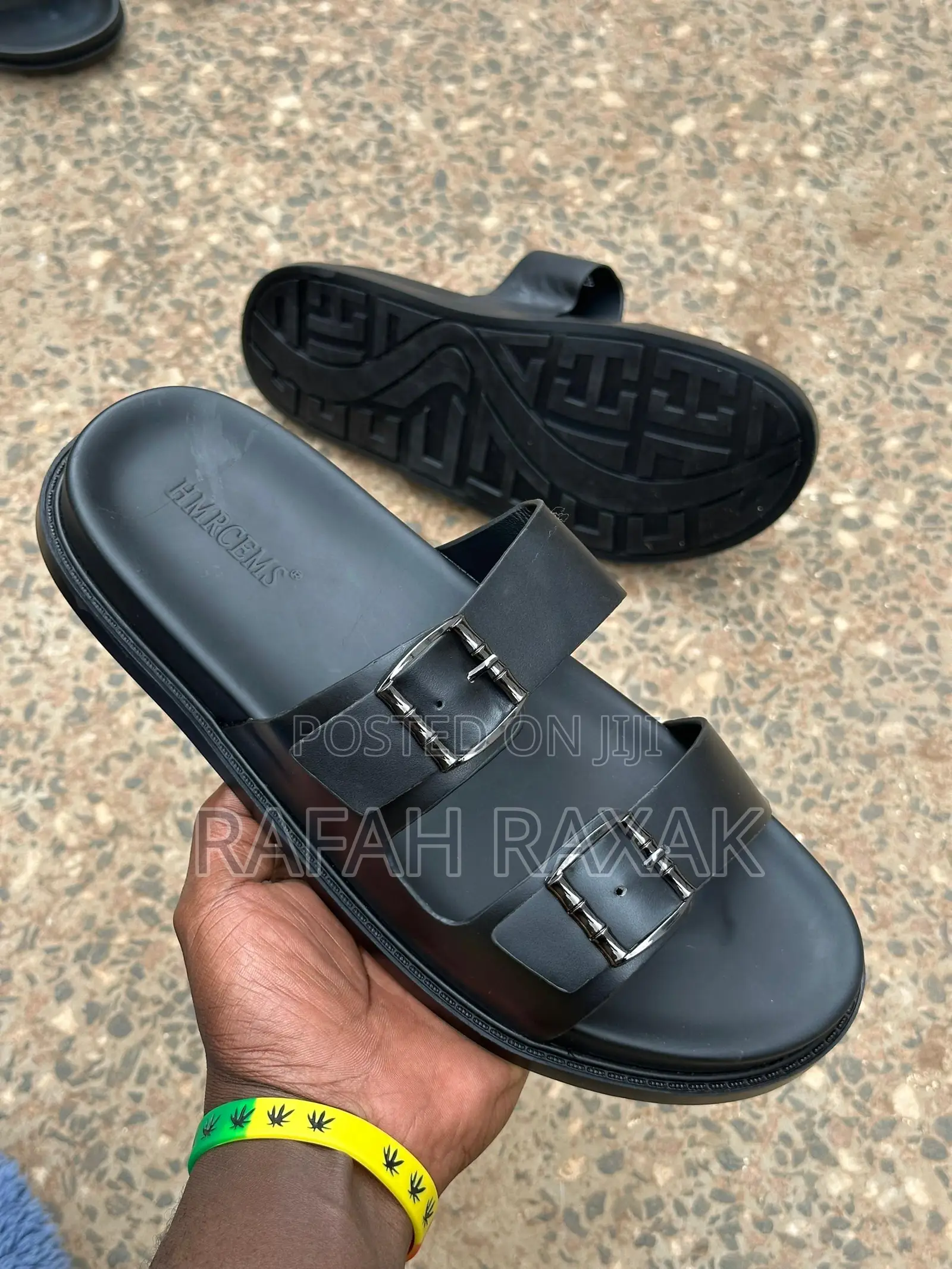 Men’S Black Hermes Double Strap Leather Sandals