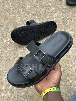 Men’S Black Hermes Double Strap Leather Sandals