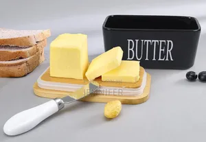 Black Ceramic Butter Dish With a Wooden Lid