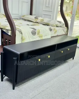 Black Tv Stand With Wooden Legs and Drawers Plus Opening Shatters