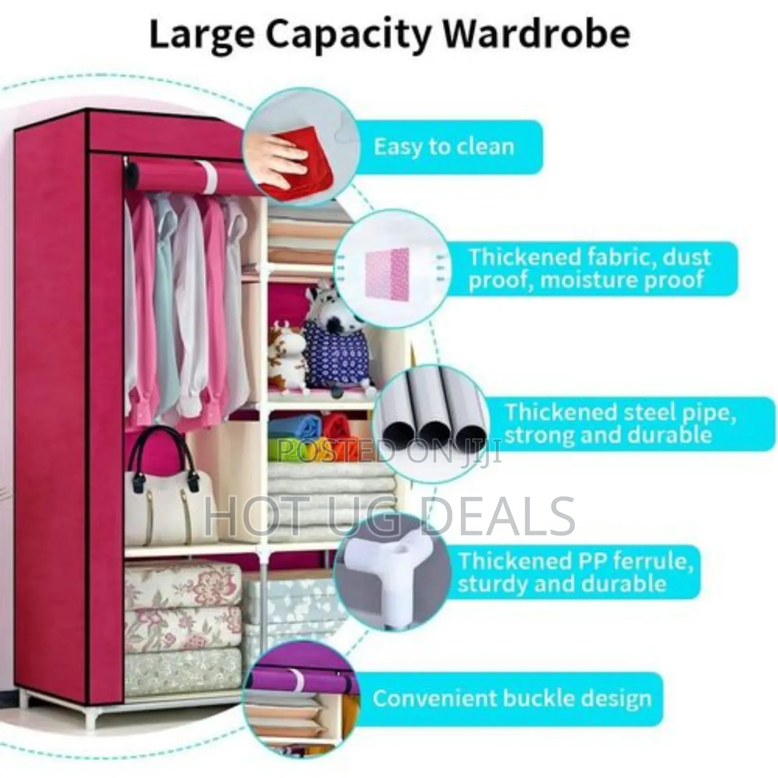 3 Column Metal Cloth Wardrobe(Not Assembled) With Stronger Pipes -pink
