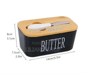 Black Ceramic Butter Dish With a Wooden Lid