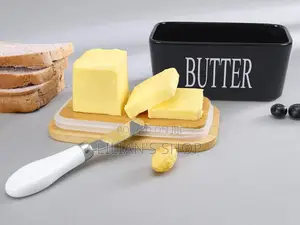 Black Ceramic Butter Dish With a Wooden Lid