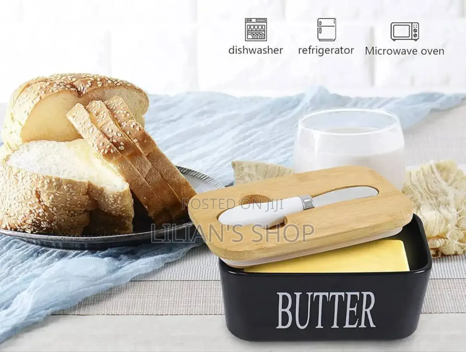 Black Ceramic Butter Dish With a Wooden Lid