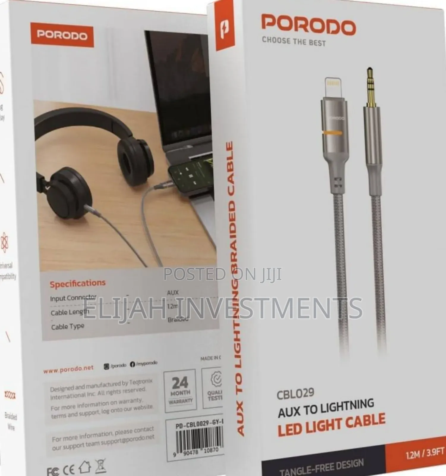 Porodo Aux to Lightning Head Led Light Cable, 1.2m Length