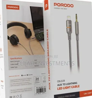 Porodo Aux to Lightning Head Led Light Cable, 1.2m Length