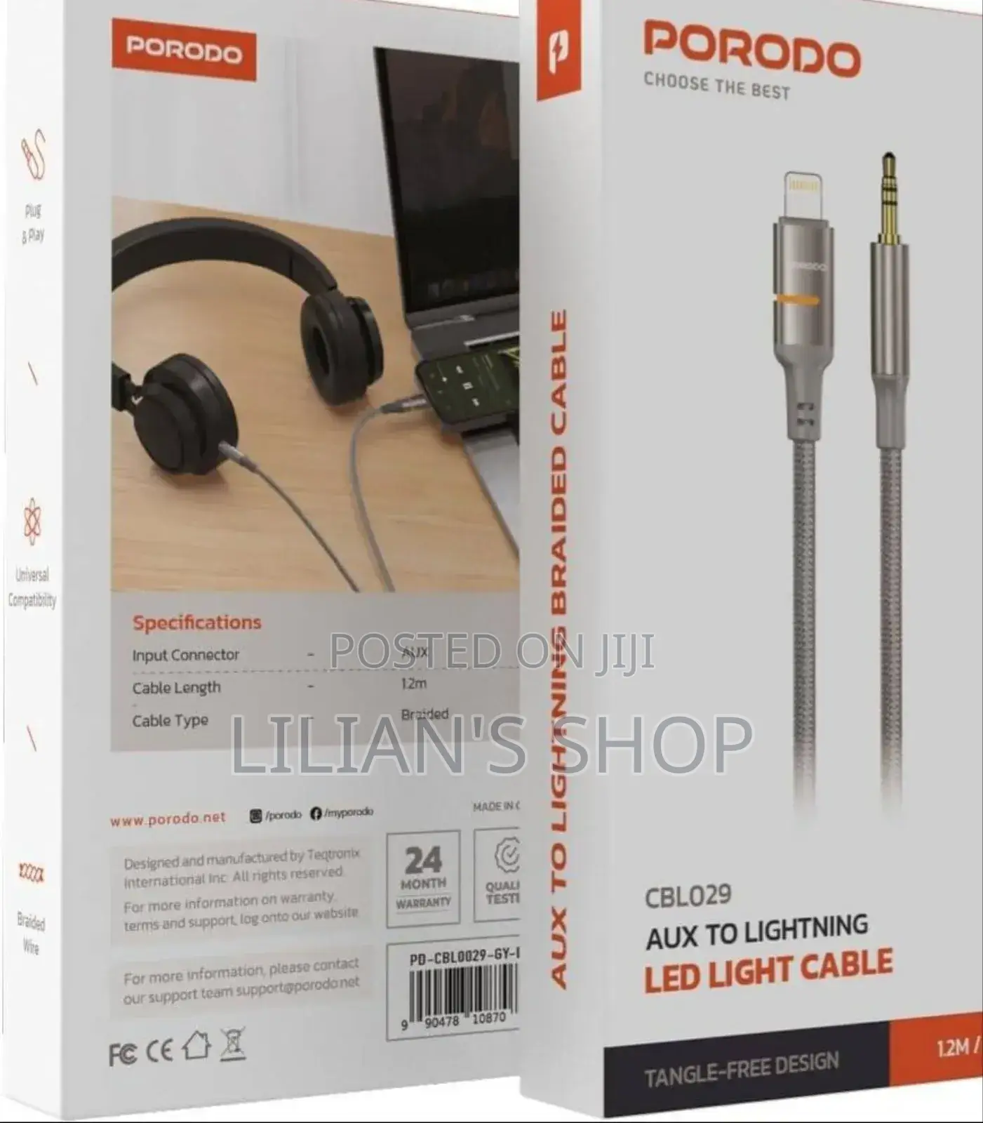 Porodo Aux to Lightning Head Led Light Cable, 1.2m Length