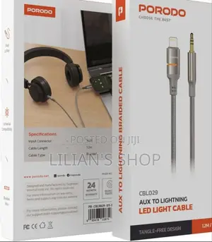 Porodo Aux to Lightning Head Led Light Cable, 1.2m Length