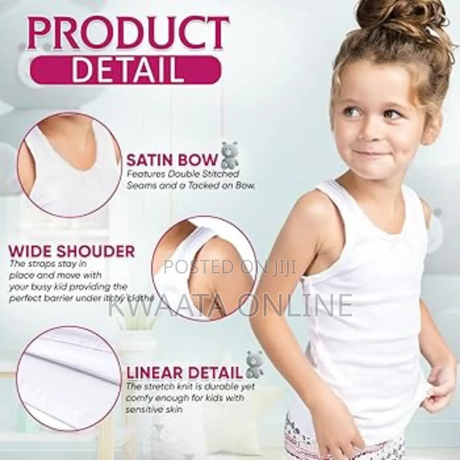 1 Piece Bugstone Kids Girls 100% Cotton Vest, Super Soft Sleeveless