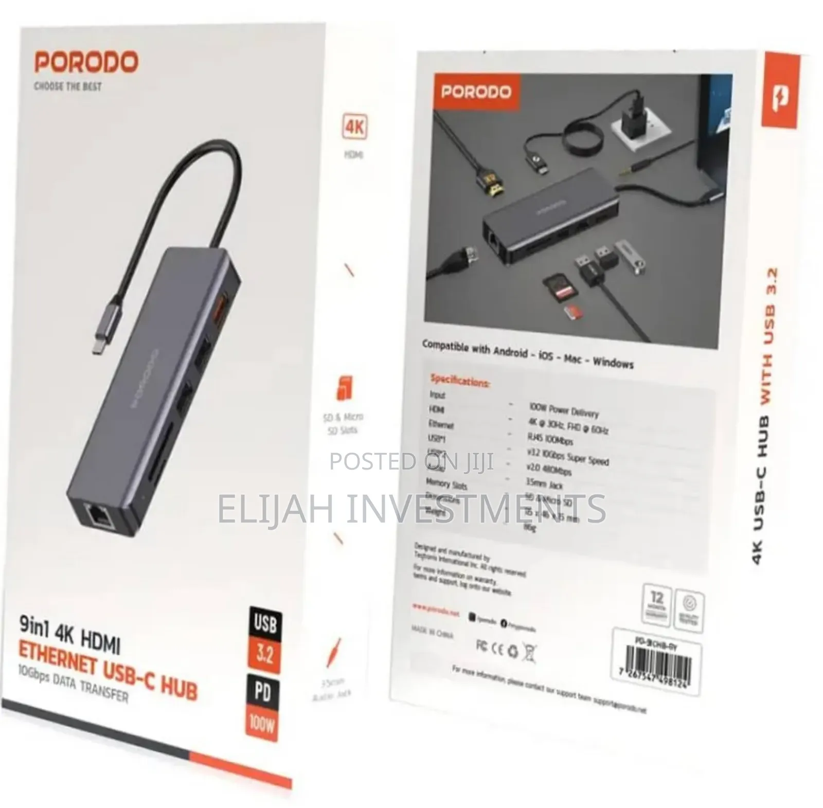 Porodo 9 In 1 Ethernet Usb -c Hub