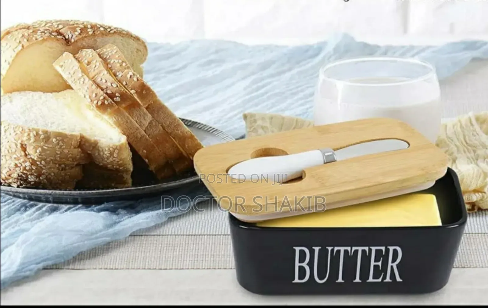Brand New Black Ceramic Butter Dish With a Wooden Lid