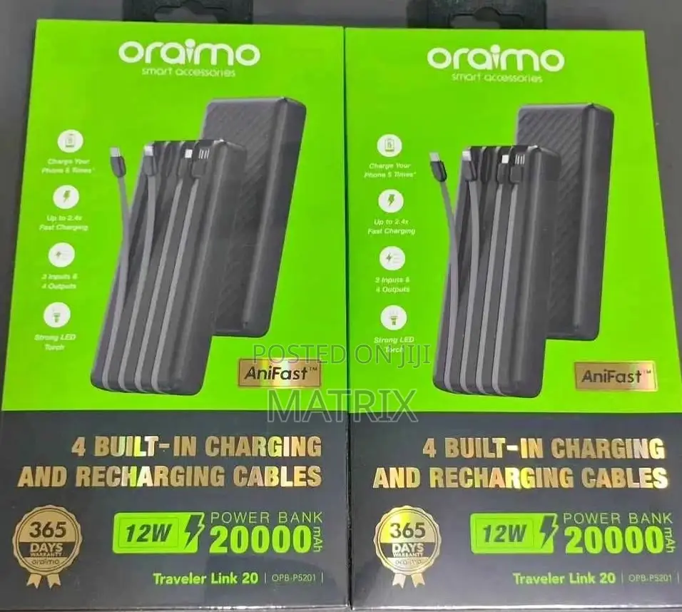 Oraimo Slice Link Portable Power Bank - 20000mah With in Built Cables