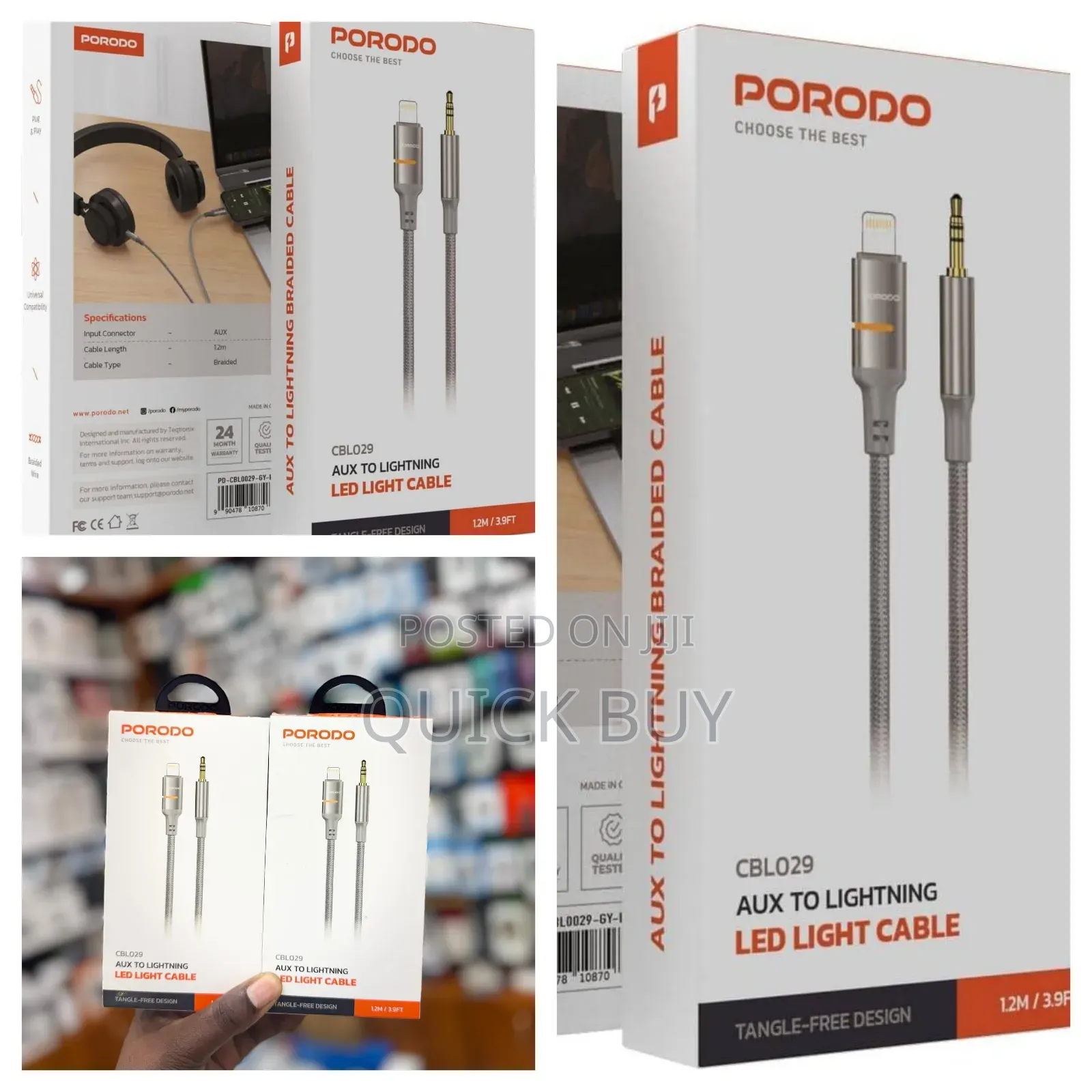 Porodo Aux to Lightning Head Led Light Cable, 1.2m Length Cable