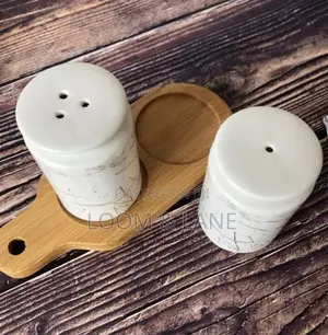 Salt and Pepper Shakers With Bamboo Wood Tray