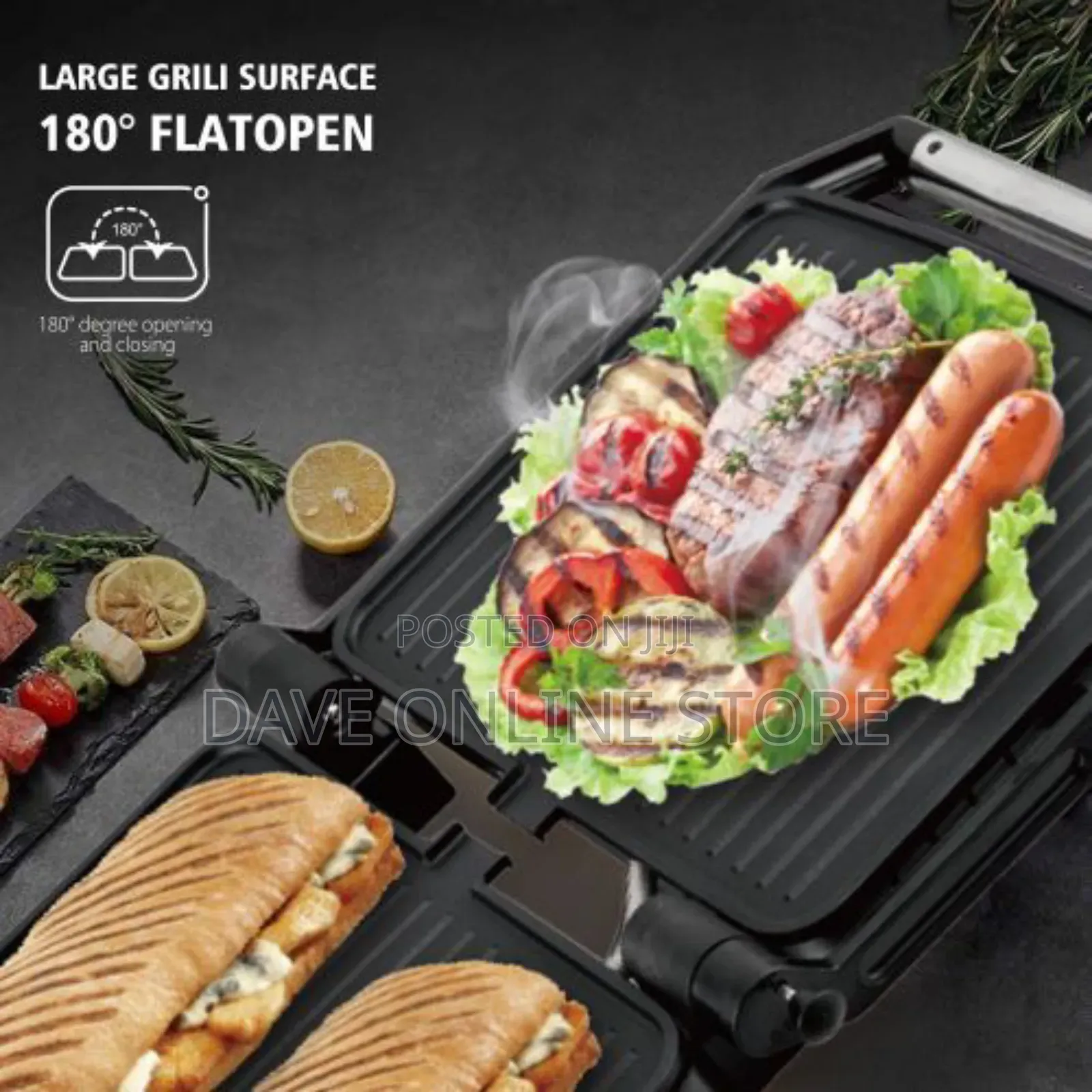 Raf Electric Panini Grill, Non-Stick, Multifunction, 180° Opening