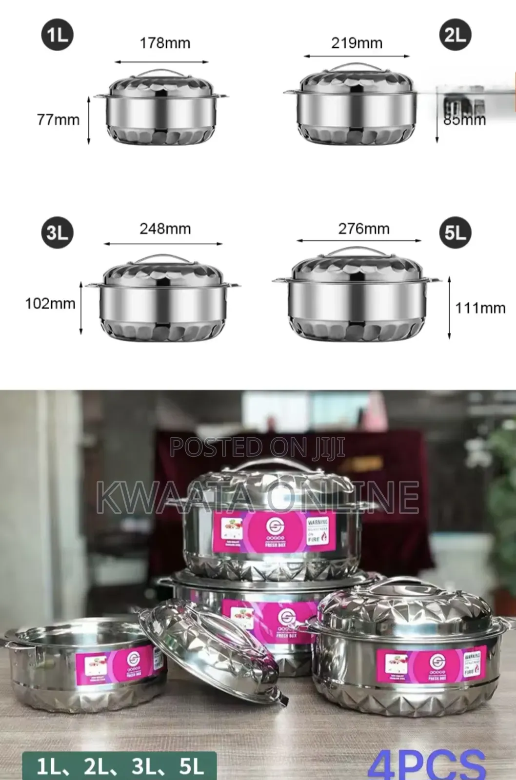 4pcs(1l/2l/3l/5l)Stainless Steel Food Warmer Storage Container