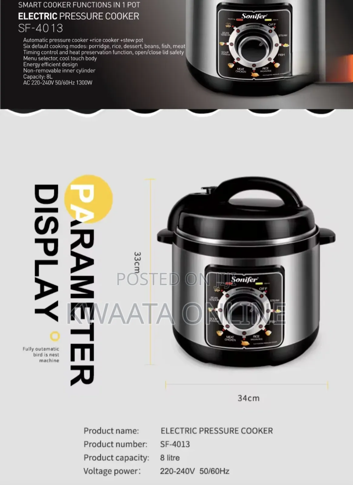 8l-Sonifer Sf-4013 Automatic Electric Pressure Cooker Stainless Steel