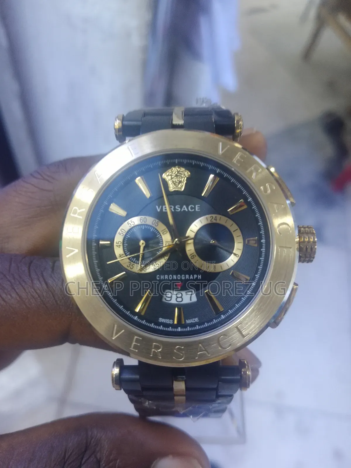 Versace Aion Chronograph Black Dial Grey Steel Strap Watch Men