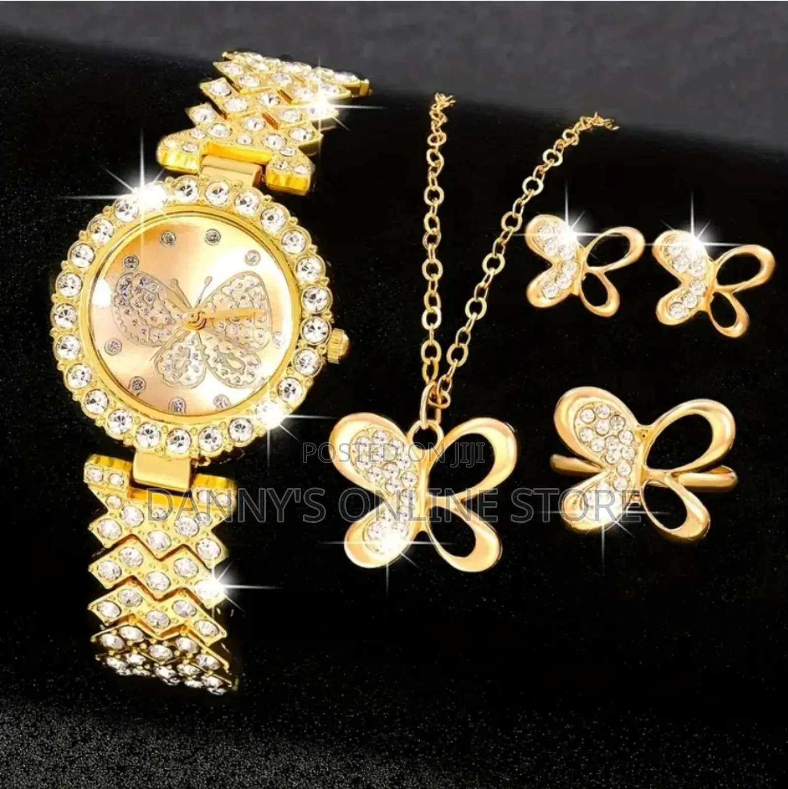 Ladies Watch 5pc Ladies Golden-Tone Full Rhinestone Quartz