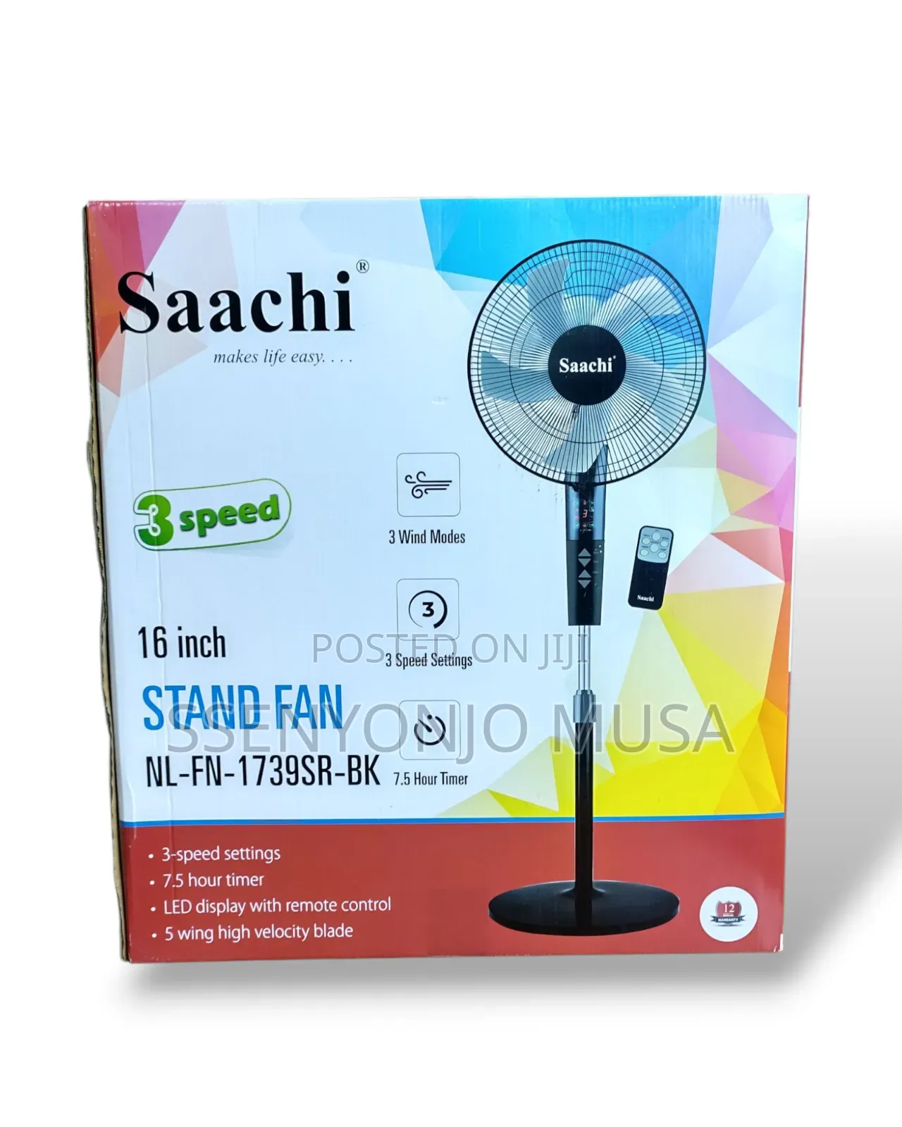 Saachi Stand Fan 16" Nl-Fn-1739sr-Bk - 3-Speed, 3 Wind