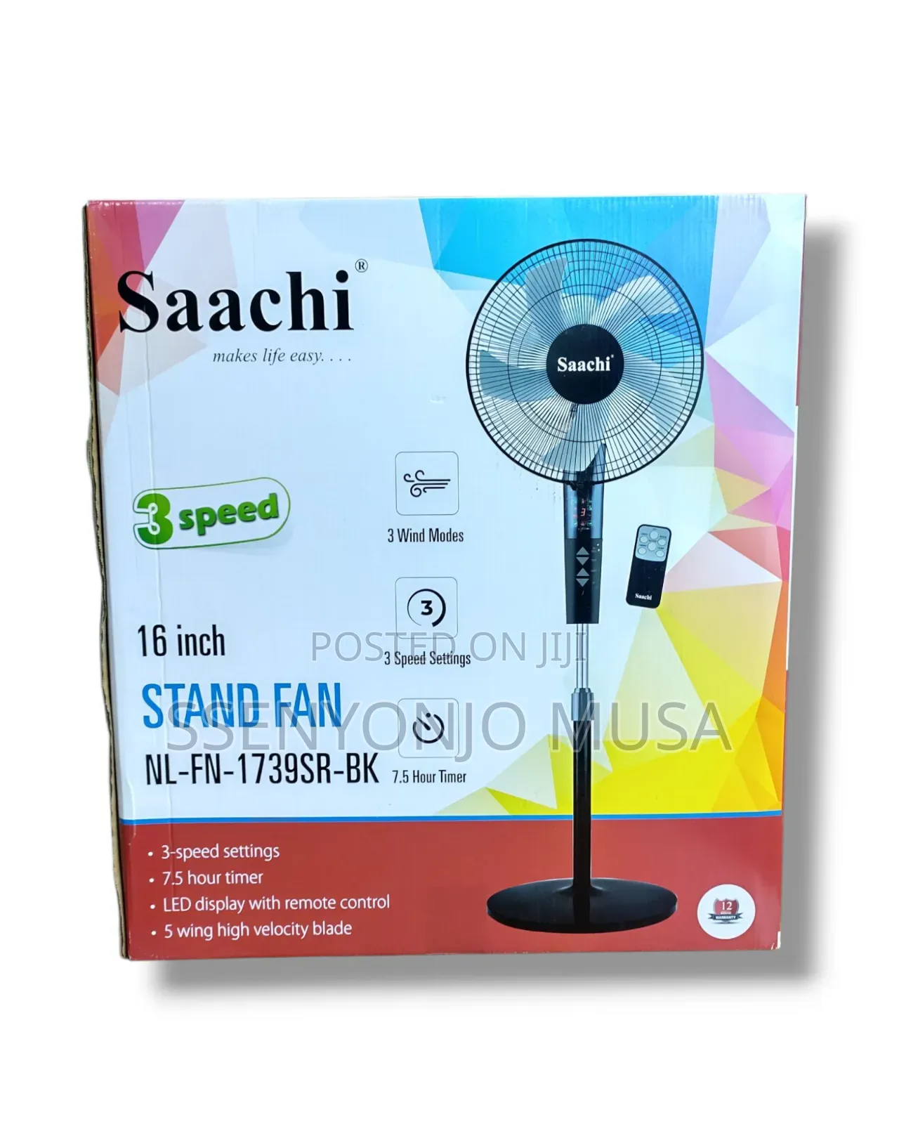 Saachi Stand Fan 16" Nl-Fn-1739sr-Bk - 3-Speed, 3 Wind